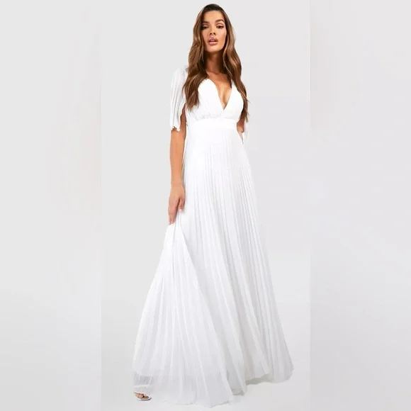 open lace back dress Pleated Cape Sleeve A-line Gown by Ladivine CJ937 – ABC Fashion main image 1
